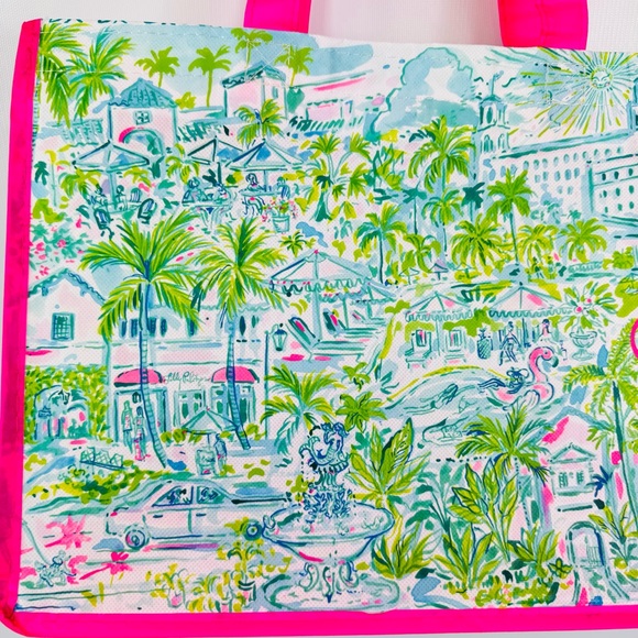 Lilly Pulitzer Palm Beach Breakers Reusable Tote Bag w insert pink, green - Picture 9 of 13